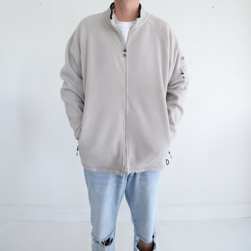 Vintage 90S Nevada Zip Up Arm Zipper Pocket Soft Fleece Taupe Sweater Medium